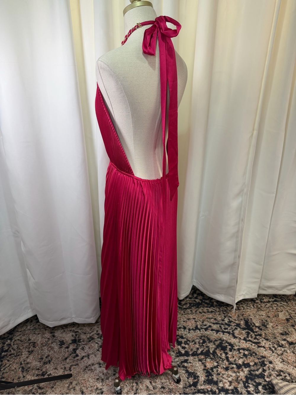 Milly ‘Kora’ Fuchsia Pink Accordion Pleated Satin Halterneck Maxi Dress Size 10 - Picture 9 of 16